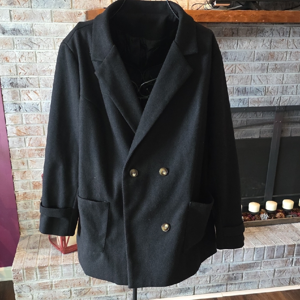 SHEIN Black Double-Breasted Pea Coat